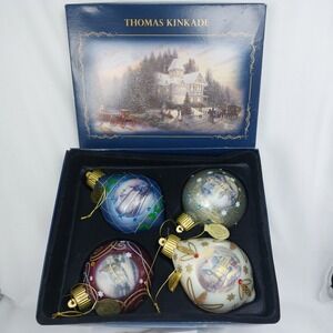 Thomas Kincade "Glow Of The Holidays" Luminary Glass Ornaments Set Of 4 New‎
